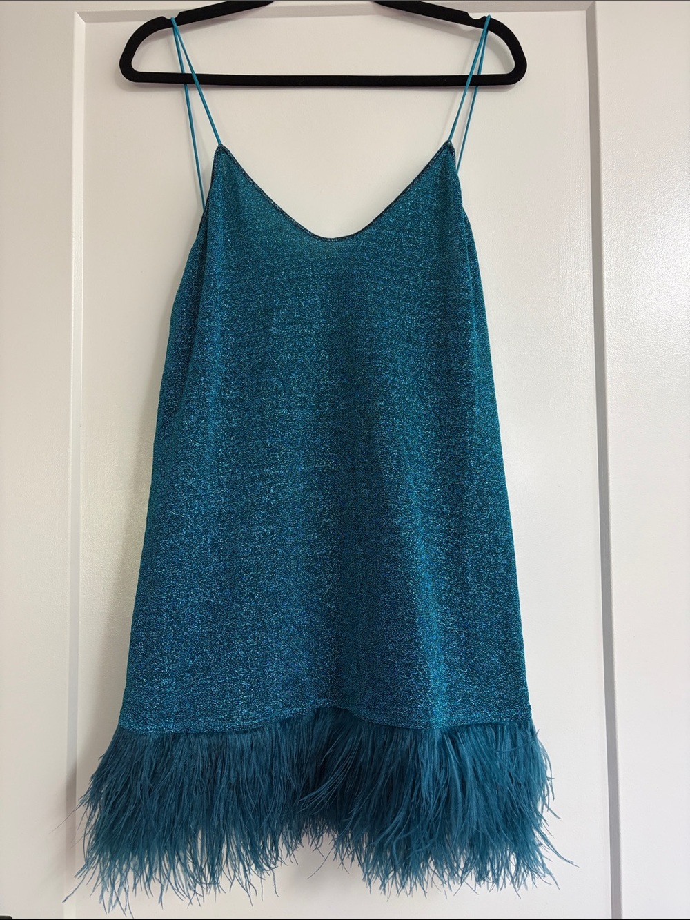 Oseree Sparkly Teal Feather-Trim Mini Dress